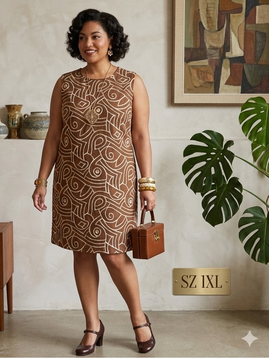 be2be Dresses & Skirts - Elegant Brown w Tan Geometric Sleeveless vintage Dress BE2BE design Plus SZ 1X